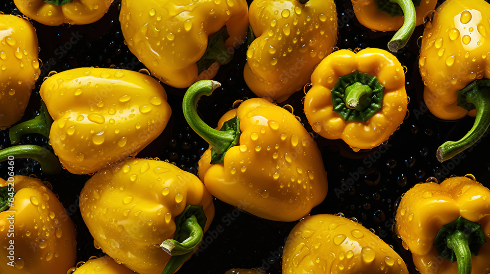 Fresh yellow bell peppers with water drops background. Vegetables backdrop. Generative AI