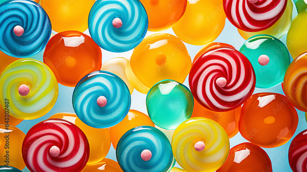 Colorful lollipop candies background. Top view. Generative AI