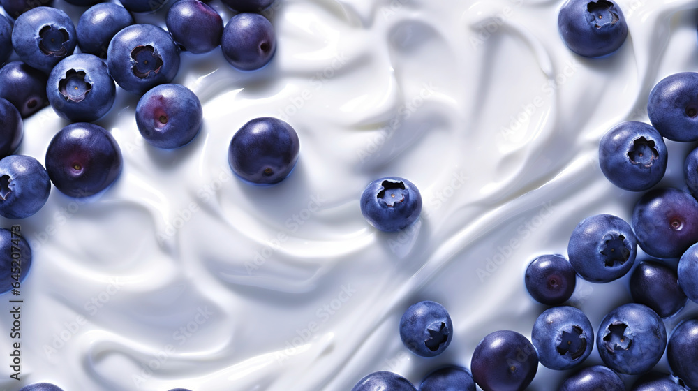 Yogurt and fresh berries blueberries, background. Top view. Generative AI