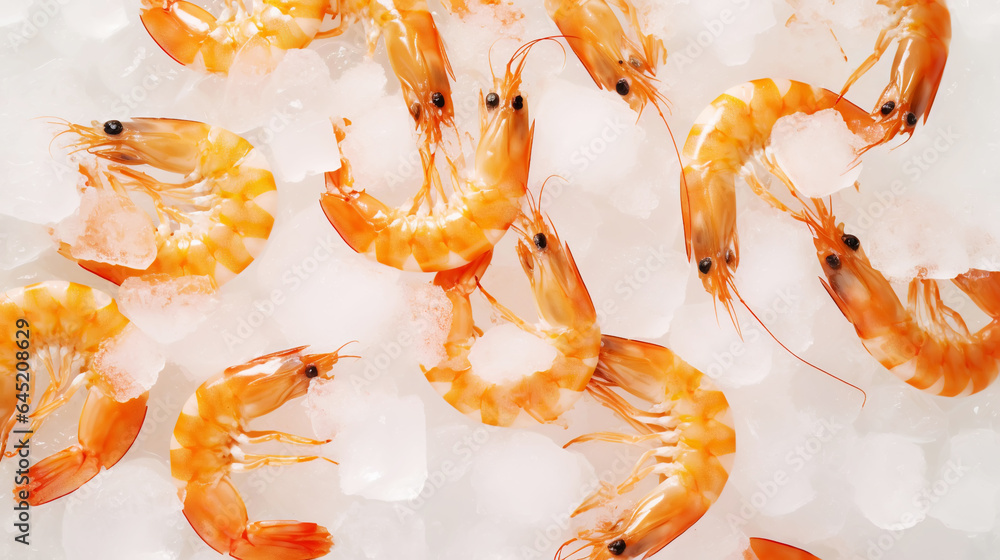 Top view of raw whole shrimps on ice. Seafood background. Generative AI