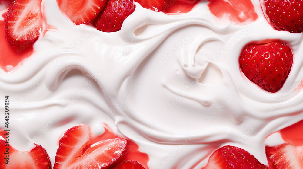 Yogurt and fresh strawberries, background. Top view. Generative AI