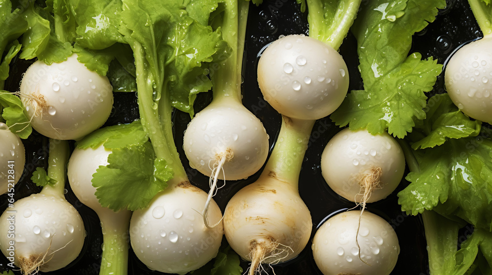 Fresh turnips with water drops background. Vegetables backdrop. Generative AI