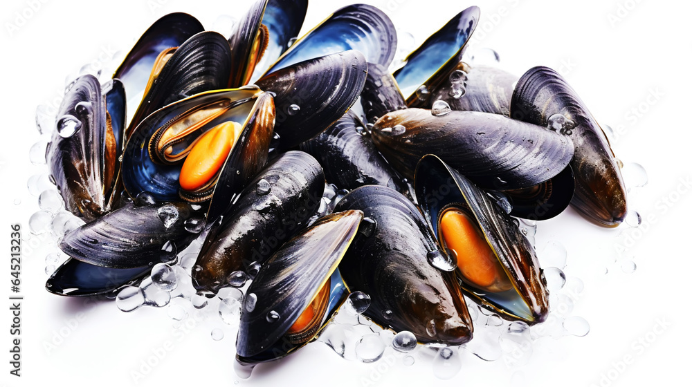 Raw Mussels on ice in the restaurant . Fresh seafood shellfish background. Generative AI