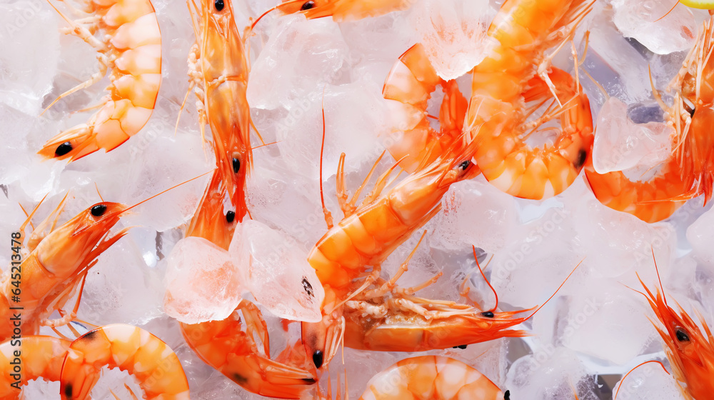 Top view of raw whole shrimps on ice. Seafood background. Generative AI