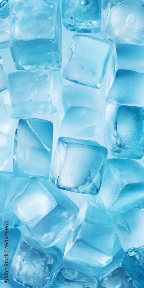 Ice cubes bluish background. Frozen water. Cold fresh concept. Generative AI