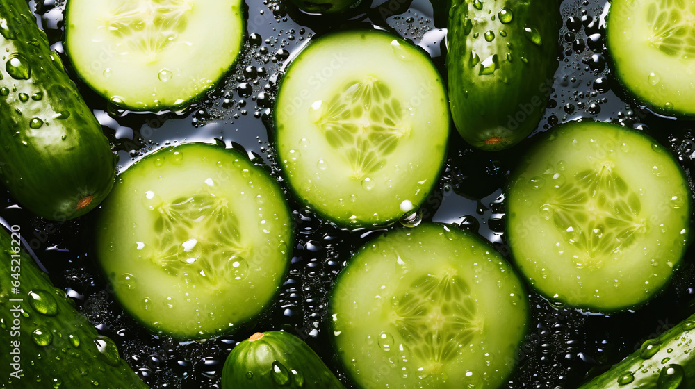 Fresh green cucumber slices with water drops background. Vegetables backdrop. Generative AI