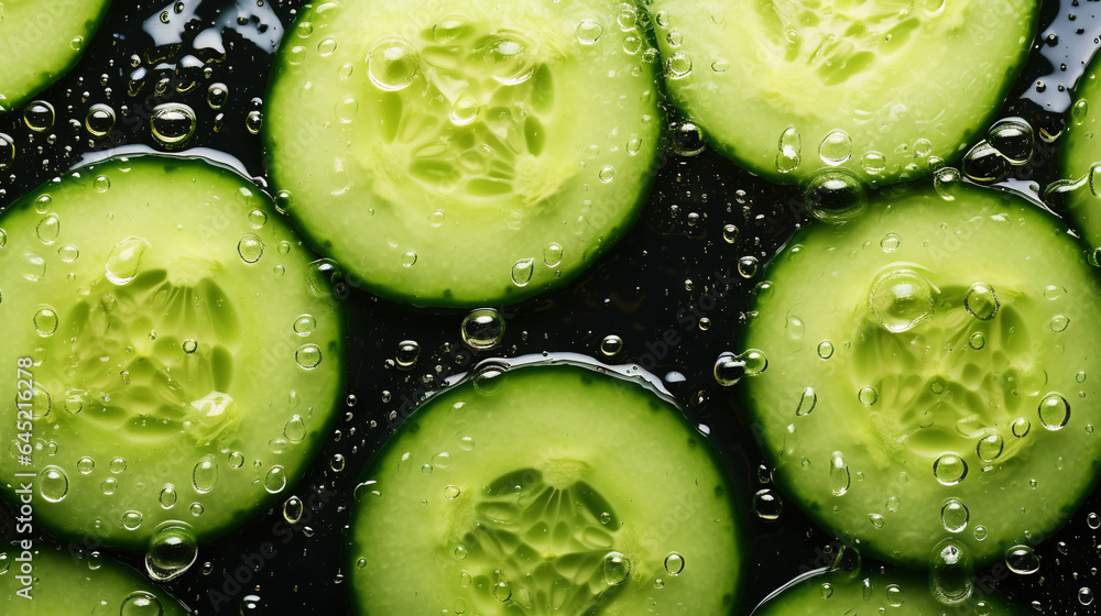 Fresh green cucumber slices with water drops background. Vegetables backdrop. Generative AI