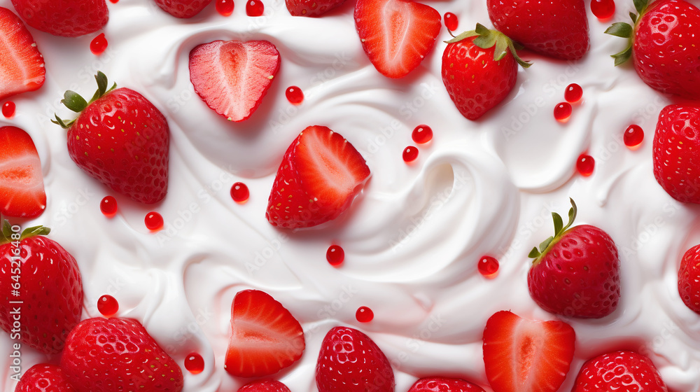 Yogurt and fresh strawberries, background. Top view. Generative AI