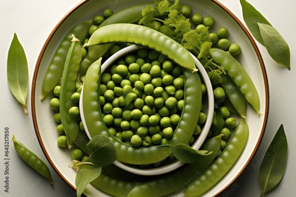 Pea pods and green beans placed on a plate, Top view.