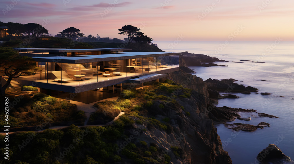 Luxury contemporaty villa on a mountain hill with a view on ocean. Generative AI