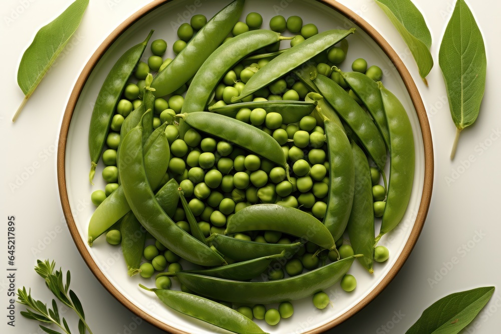 Pea pods and green beans placed on a plate, Top view.