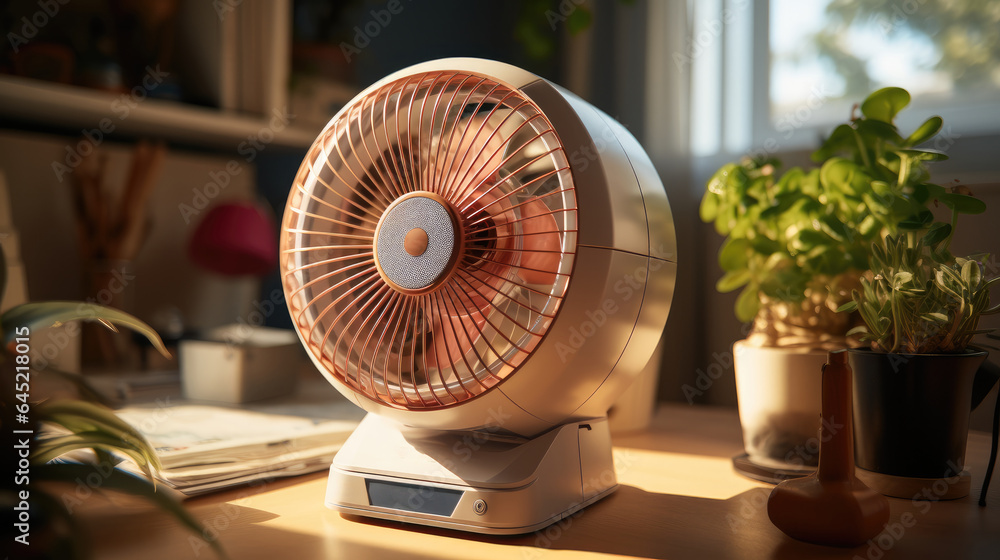 Electric fan on table in kitchen.