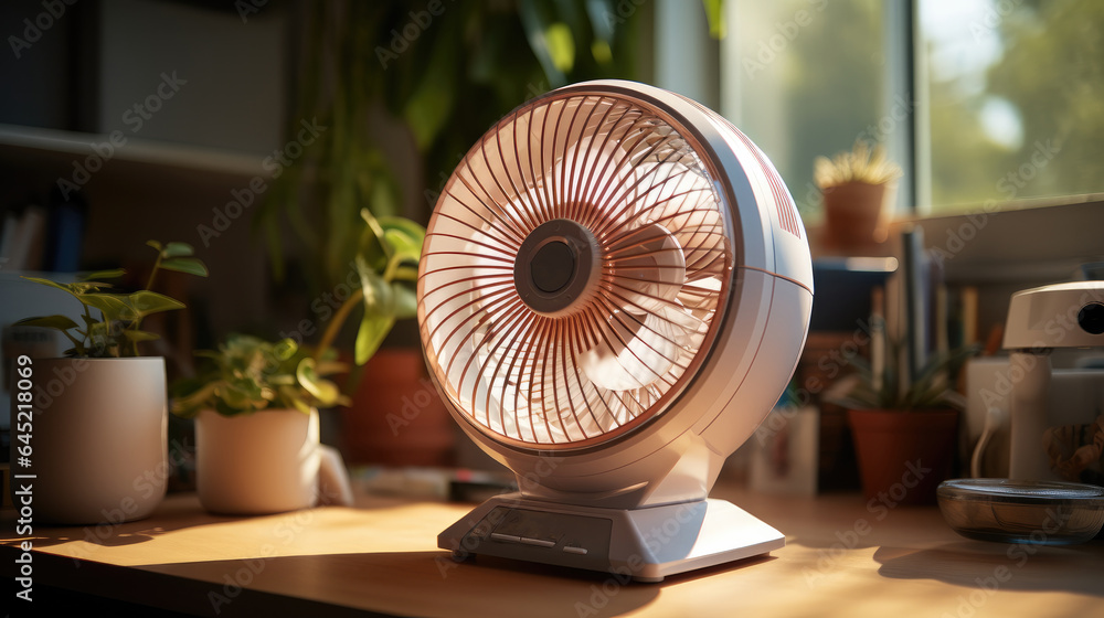 Electric fan on table in kitchen.