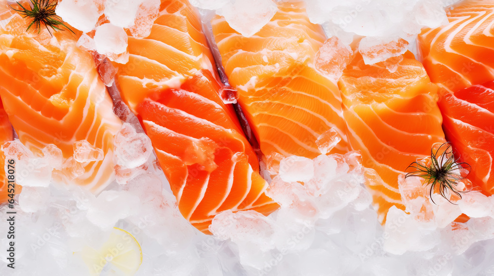 Fresh salmon fillet on ice. Red tasty fish meat. Seafood background. Generative AI