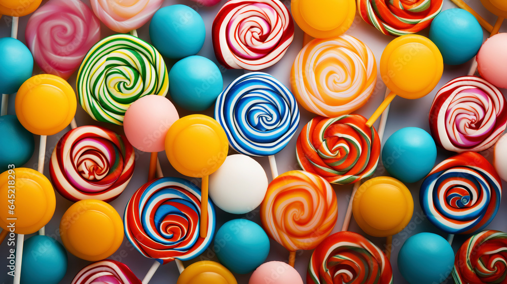 Colorful lollipop candies background. Top view. Generative AI