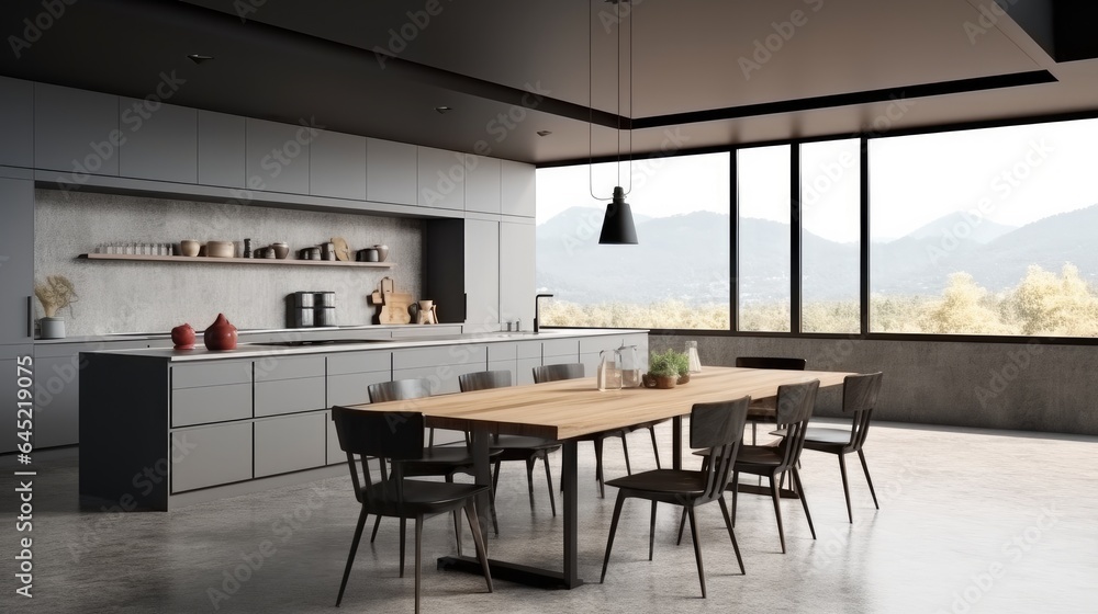 Modern kitchen corner with island and dining table.