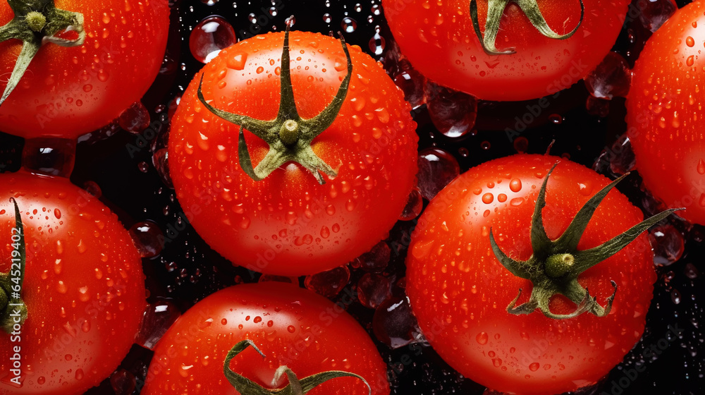 Fresh red tomatoes with water drops background. Vegetables backdrop. Generative AI