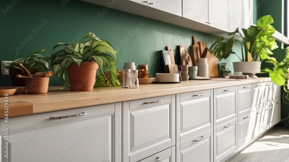 Kitchen corner with bright cabinets and plant and utensils in modern house.