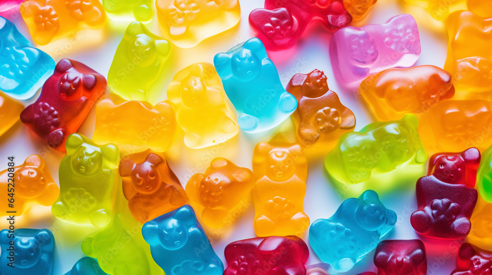 Gummy Jelly Bears Candies background. Sweet tasty backdrop. Generative AI