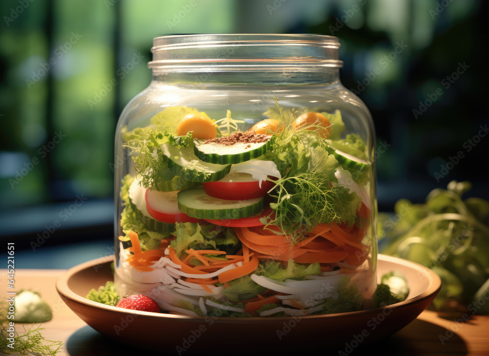 Salad in glass bottle, Healthy food.