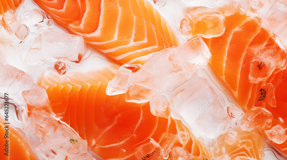 Fresh salmon fillet on ice. Red tasty fish meat. Seafood background. Generative AI