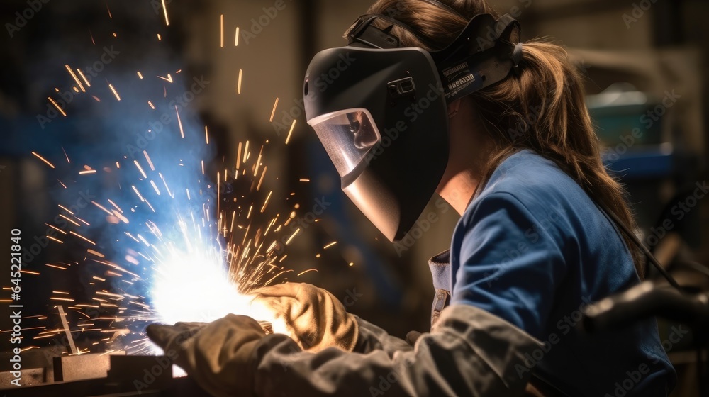 Female welder, Woman in welding helmet working on piece of metal in workshop with sparks flying arou