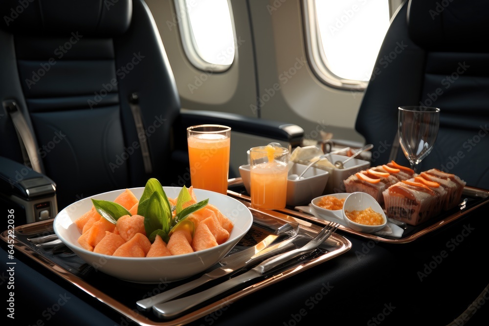 Caviar with seafood on private airplane , High-end luxury food.