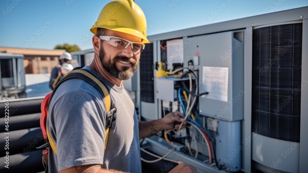 Air conditioner workers service outside unit at home.