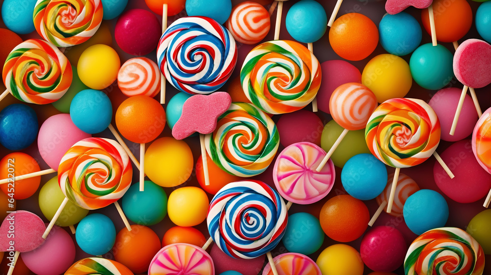 Colorful lollipop candies background. Top view. Generative AI