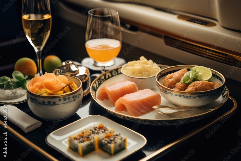 Caviar with seafood on private airplane , High-end luxury food.