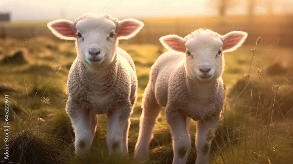 Two young lamb sheep on spring meadow.