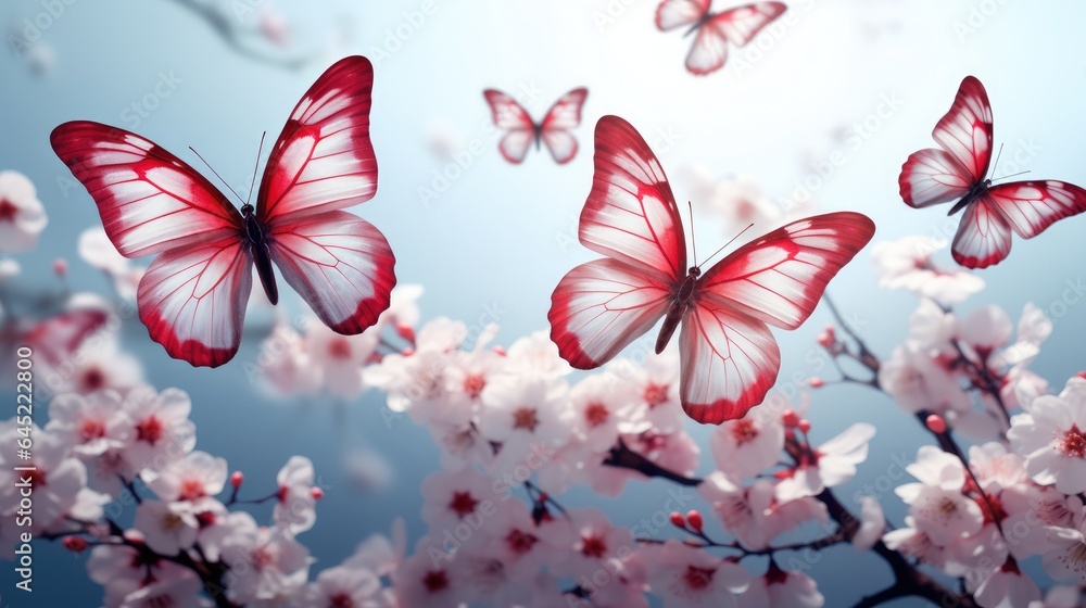 Pink and white butterflies flying on a clear background.