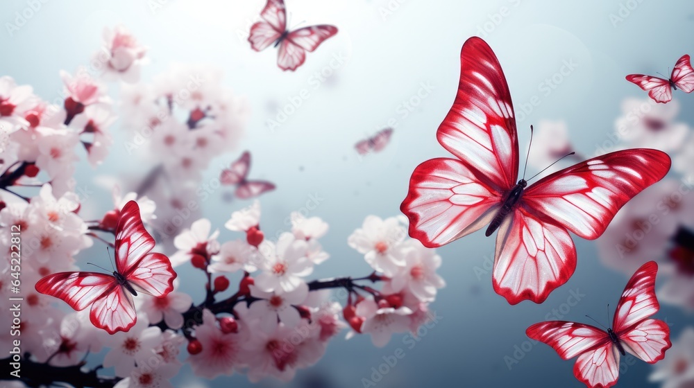 Pink and white butterflies flying on a clear background.