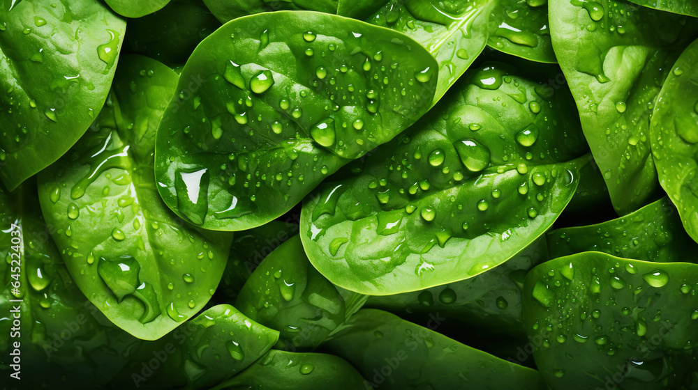 Fresh green spinach leaves with water drops background. Vegetables backdrop. Generative AI