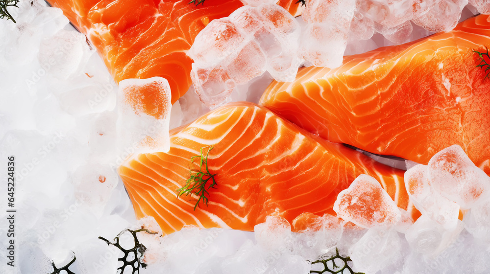 Fresh salmon fillet on ice. Red tasty fish meat. Seafood background. Generative AI