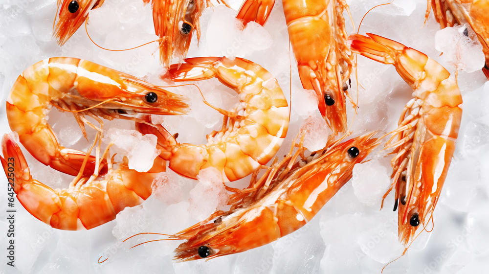 Top view of raw whole king prawns on ice. Seafood background. Generative AI