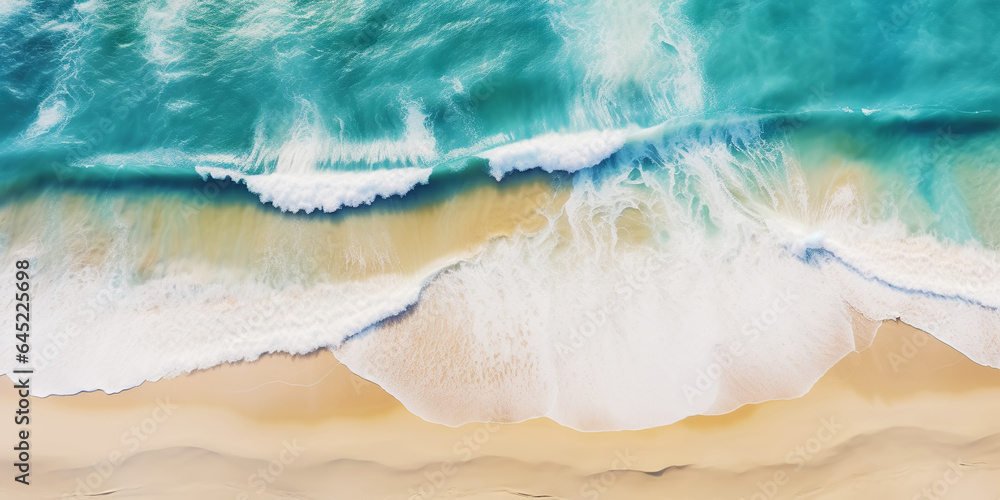 Top view oncoast with ocean waves. Blue water background. Summer seascape from air. Generative AI