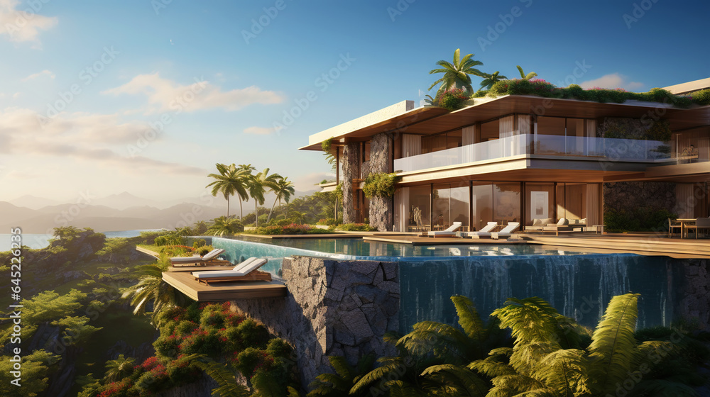 Luxury contemporaty villa on a mountain hill with a view on ocean. Generative AI