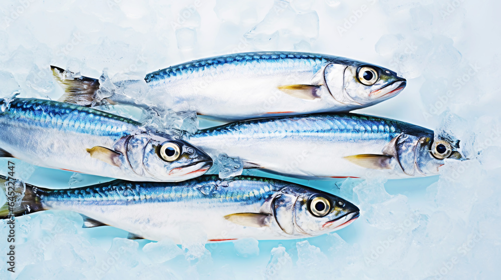 Fresh mackerel fish (Scomber scrombrus) on ice. Seafood background. Generative AI