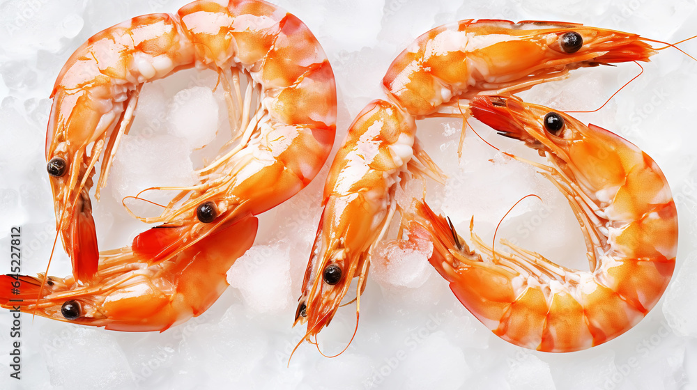 Top view of raw whole king prawns on ice. Seafood background. Generative AI