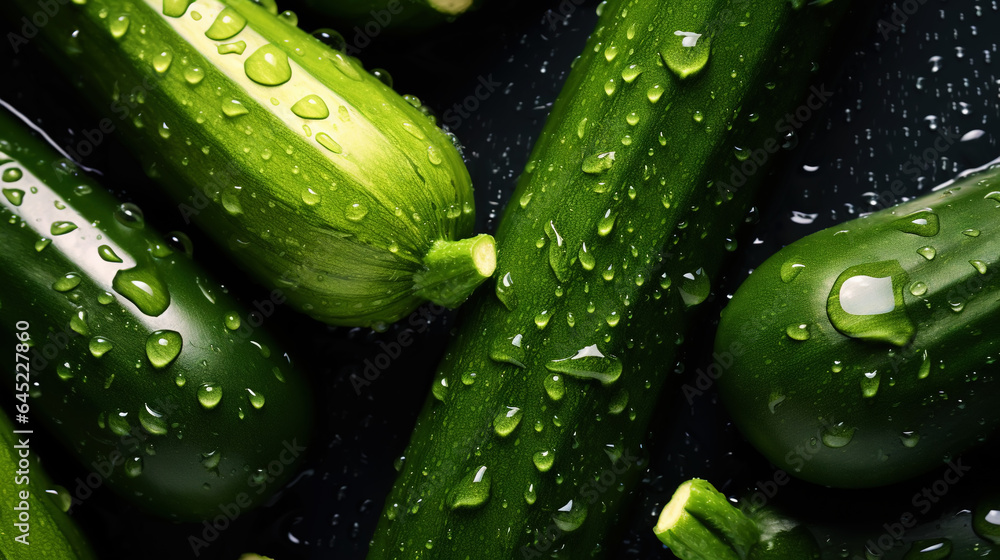 Freshgreen zucchini or courgettes with water drops background. Vegetables backdrop. Generative AI