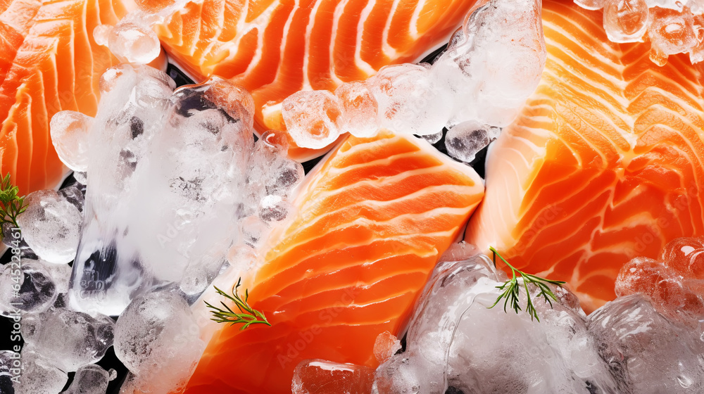 Fresh salmon fillet on ice. Red tasty fish meat. Seafood background. Generative AI