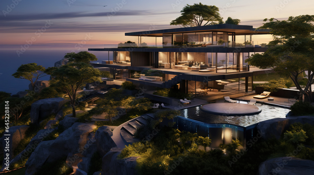 Luxury contemporaty villa on a mountain hill with a view on ocean. Generative AI