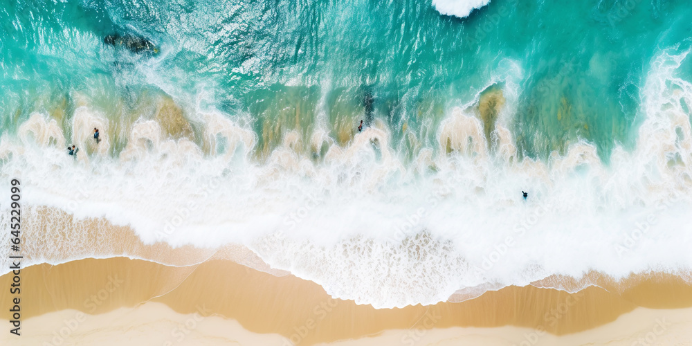 Aerial top view on sand ocean beach with palm trees. Summer vacation paradise concept. Generative AI