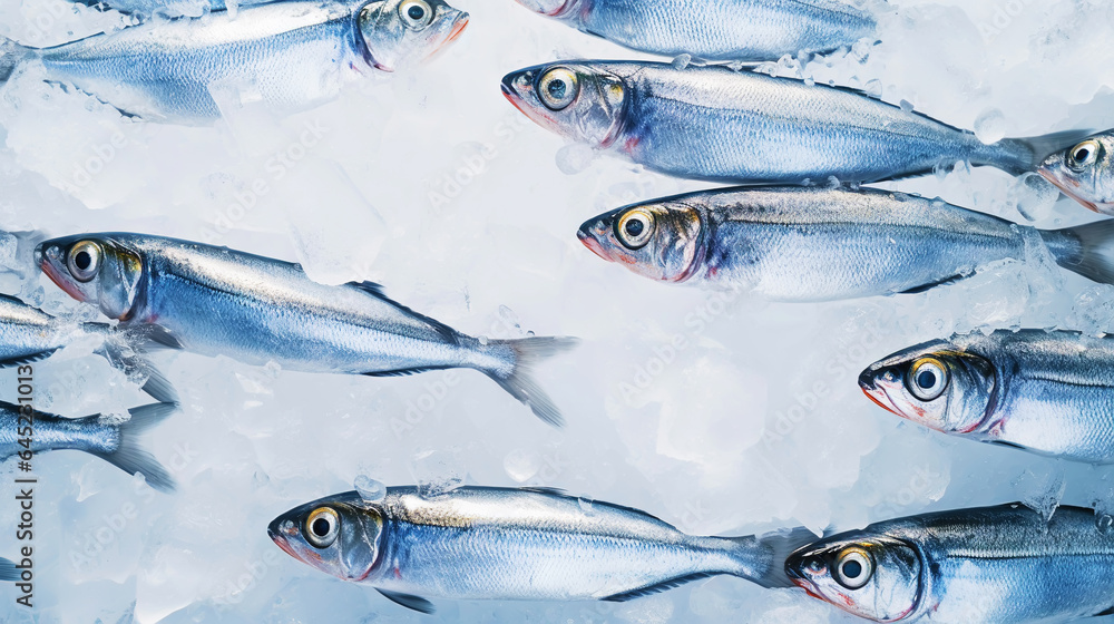  Fresh sardines on ice. Seafood background. Generative AI