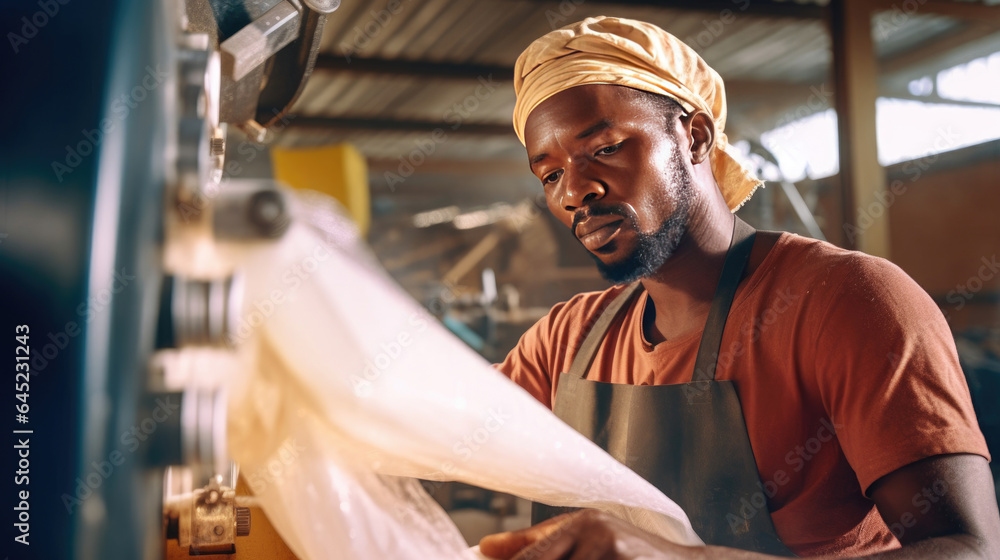 A male manufacturers african working on production line at plastic bag machine at industrial plant. 