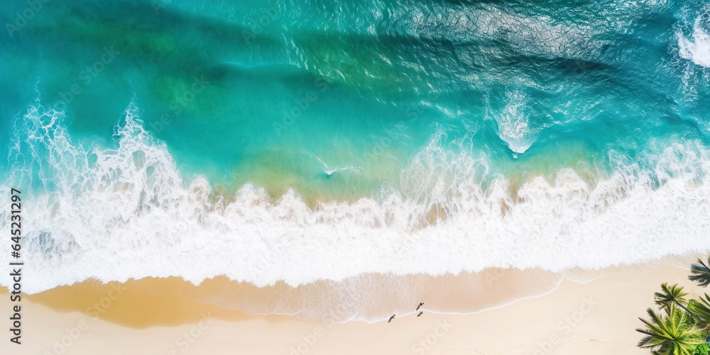 Aerial top view on sand ocean beach with palm trees. Summer vacation paradise concept. Generative AI