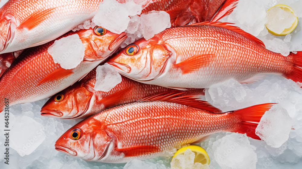 Red snapper fish catch in ice cubes. Seafood background. Generative AI