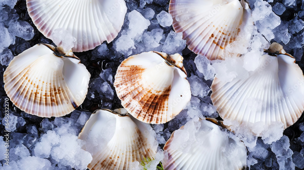 Raw fresh scallops on ice cubes. Seafood background. Generative AI