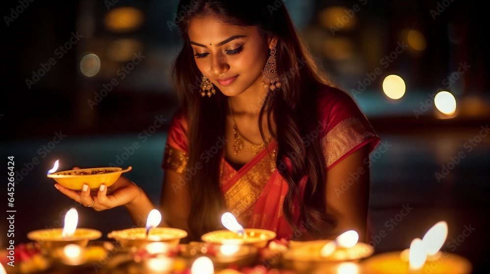 Indian young woman with traditional diya lamps. Generative AI